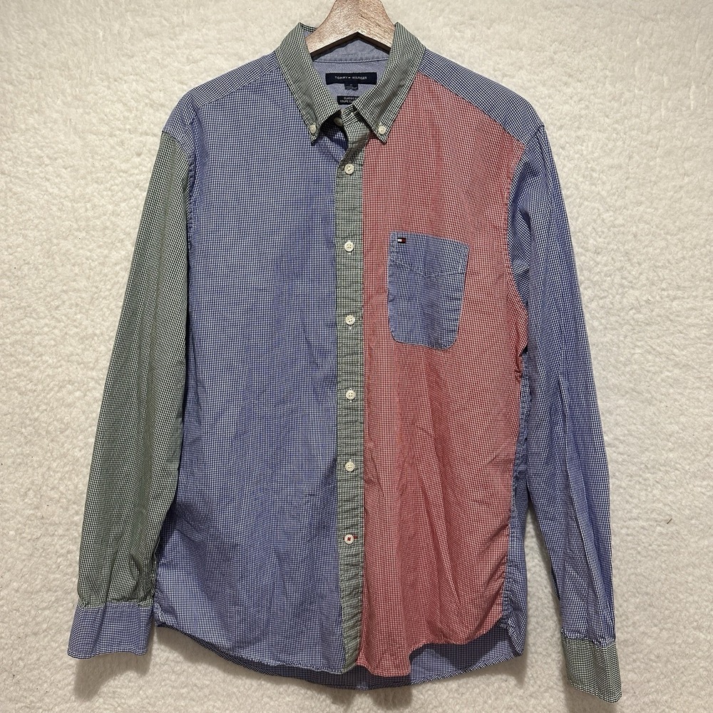 Tommy Hilfiger Shirt Men's Red Blue Gingham‎ Colorblock Patchwork Poplin Size M